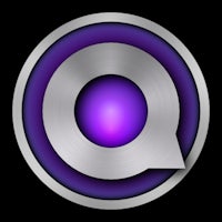 the purple q logo on a black background