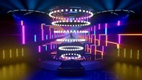 a circular stage with colorful lights in the background