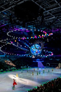 a group of people are skating on an ice rink